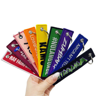 Buy Colorful Fabric Embroidered Woven Hangtag Key Chain Label Custom Logo Fashion Keytag Jet Tag Embroidery Keychain Ring online manufacture