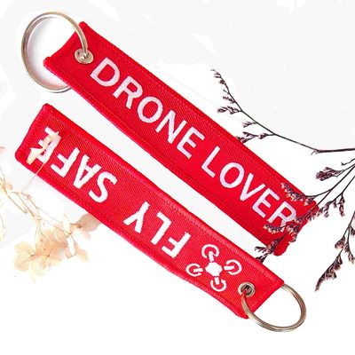 Custom Red 'DRONE LOVER' Embroidered Keychain – Durable Woven Fabric, Safety Messaging & Bulk Promotional Gift