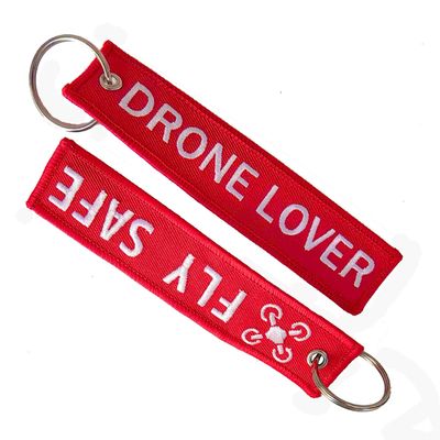 Custom Red 'DRONE LOVER' Embroidered Keychain – Durable Woven Fabric, Safety Messaging & Bulk Promotional Gift