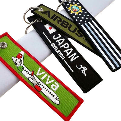 Custom Double Sided Jet Key Tag Carved Logo Embroidery Keychain Woven Label Fabric Blank Keychains Promotional Jet Carabiners